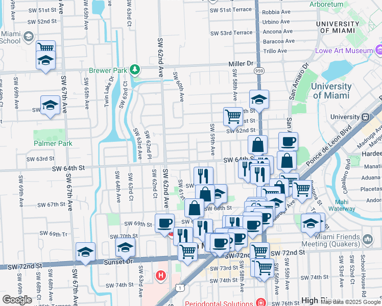map of restaurants, bars, coffee shops, grocery stores, and more near in South Miami