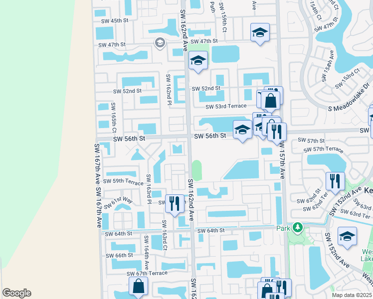 map of restaurants, bars, coffee shops, grocery stores, and more near 5701 Southwest 162nd Court in Miami