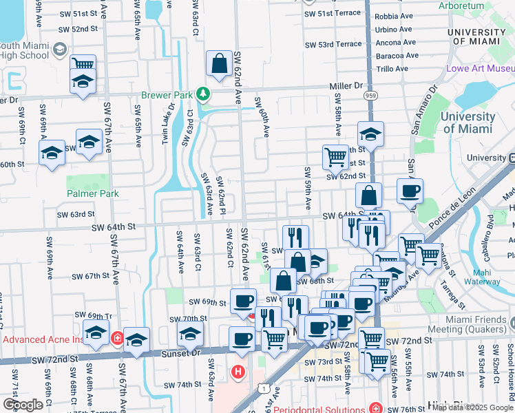 map of restaurants, bars, coffee shops, grocery stores, and more near 6165 Southwest 64th Street in South Miami