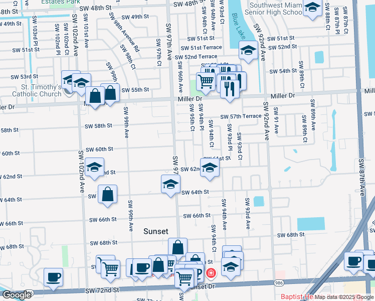 map of restaurants, bars, coffee shops, grocery stores, and more near 6041 Southwest 95th Court in Miami