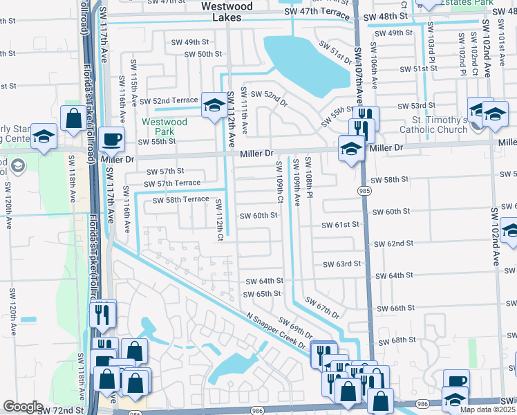 map of restaurants, bars, coffee shops, grocery stores, and more near 11040 Southwest 60th Street in Miami