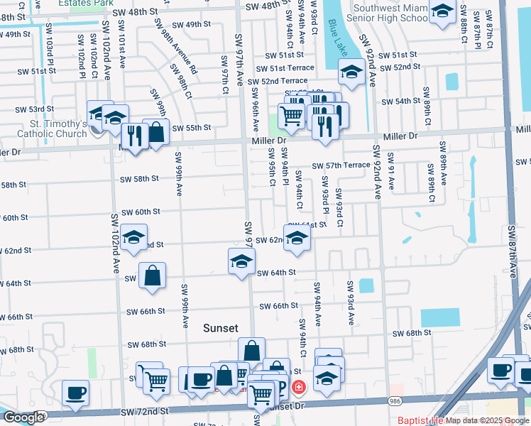 map of restaurants, bars, coffee shops, grocery stores, and more near 6041 Southwest 95th Court in Miami