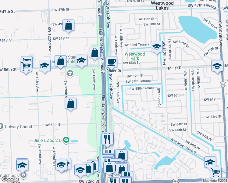 map of restaurants, bars, coffee shops, grocery stores, and more near 5855 Southwest 117th Avenue in Miami