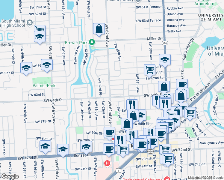 map of restaurants, bars, coffee shops, grocery stores, and more near 6165 Southwest 62nd Terrace in South Miami