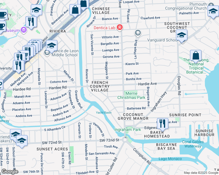 map of restaurants, bars, coffee shops, grocery stores, and more near 6110 Maggiore Street in Coral Gables