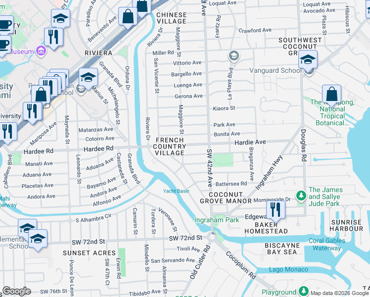 map of restaurants, bars, coffee shops, grocery stores, and more near 6110 Maggiore Street in Coral Gables