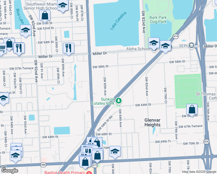 map of restaurants, bars, coffee shops, grocery stores, and more near 6001 Southwest 85th Avenue in Coral Gables