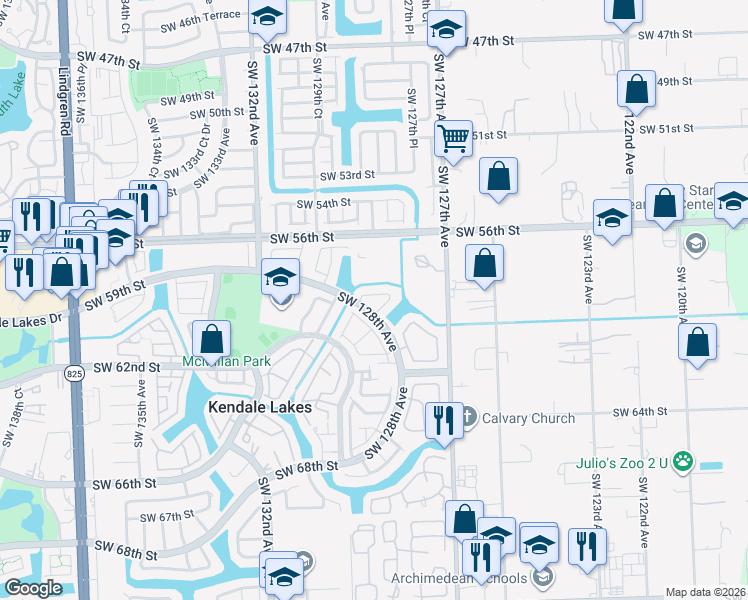 map of restaurants, bars, coffee shops, grocery stores, and more near 12815 Southwest 58th Lane in Miami