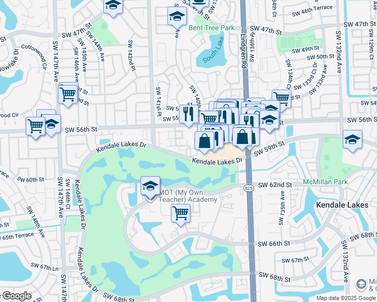 map of restaurants, bars, coffee shops, grocery stores, and more near 13916 Southwest 56th Lane in Miami