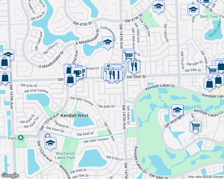 map of restaurants, bars, coffee shops, grocery stores, and more near 14778 Southwest 56th Street in Miami