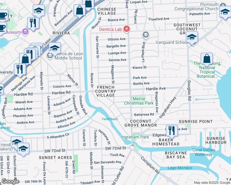 map of restaurants, bars, coffee shops, grocery stores, and more near 6110 Maggiore Street in Coral Gables