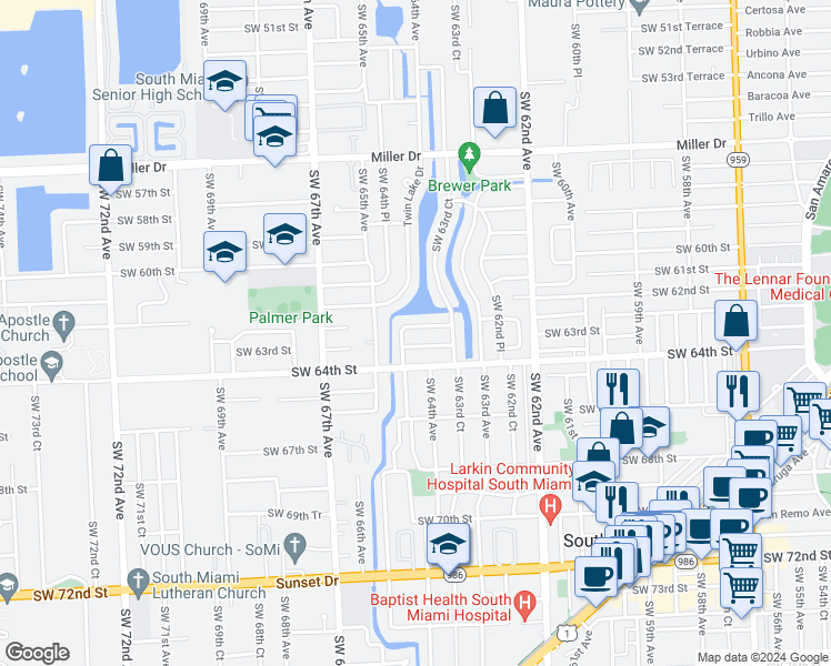map of restaurants, bars, coffee shops, grocery stores, and more near 6420 Southwest 62nd Terrace in South Miami