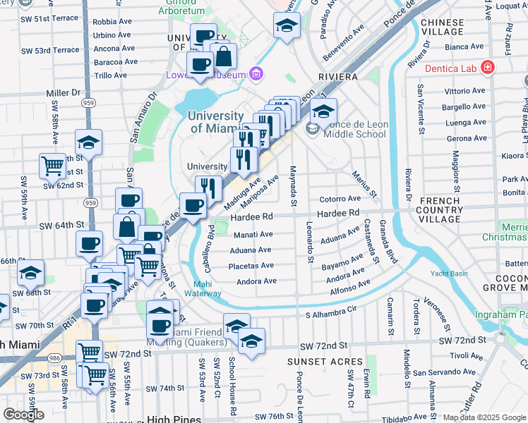 map of restaurants, bars, coffee shops, grocery stores, and more near 1127 Cotorro Avenue in Coral Gables