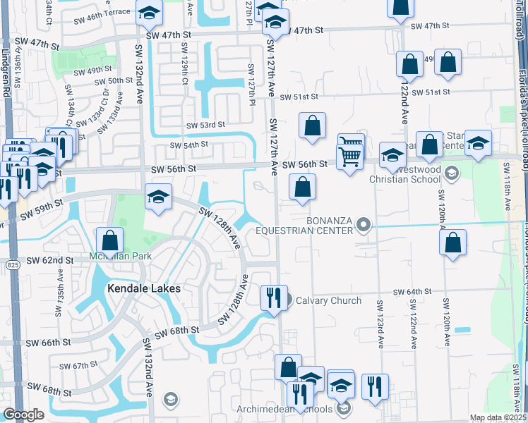 map of restaurants, bars, coffee shops, grocery stores, and more near 5900 Southwest 127th Avenue in Kendale Lakes