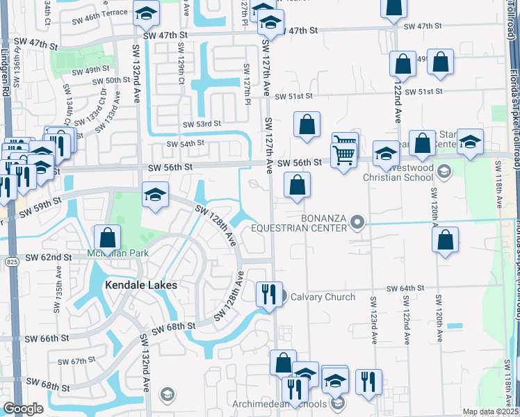 map of restaurants, bars, coffee shops, grocery stores, and more near 5900 Southwest 127th Avenue in Kendale Lakes