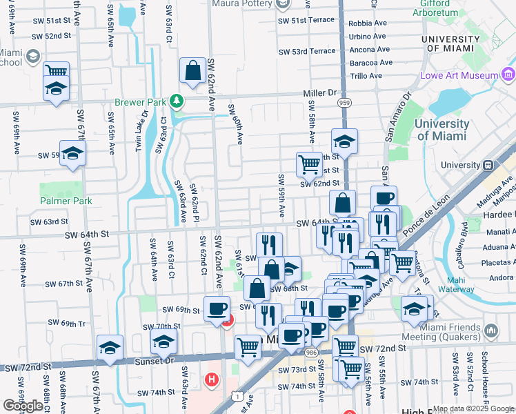 map of restaurants, bars, coffee shops, grocery stores, and more near 6290 Southwest 59th Place in South Miami