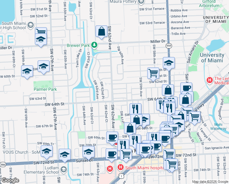 map of restaurants, bars, coffee shops, grocery stores, and more near 6165 Southwest 63rd Street in South Miami