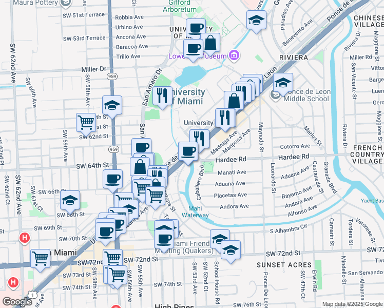 map of restaurants, bars, coffee shops, grocery stores, and more near 1330 South Dixie Highway in Coral Gables