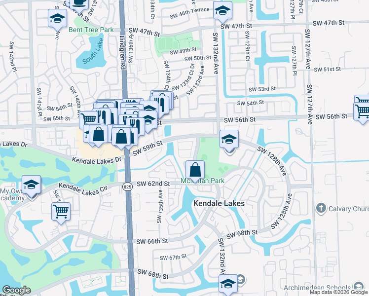 map of restaurants, bars, coffee shops, grocery stores, and more near 13359 Southwest 59th Terrace in Miami