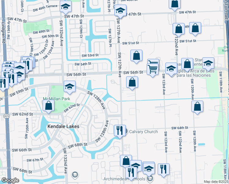 map of restaurants, bars, coffee shops, grocery stores, and more near 5900 Southwest 127th Avenue in Kendale Lakes