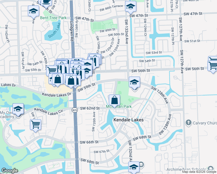 map of restaurants, bars, coffee shops, grocery stores, and more near 13359 Southwest 59th Terrace in Miami