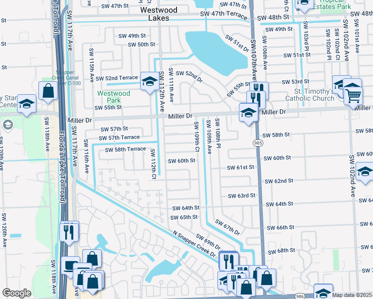 map of restaurants, bars, coffee shops, grocery stores, and more near 11020 Southwest 58th Terrace in Miami