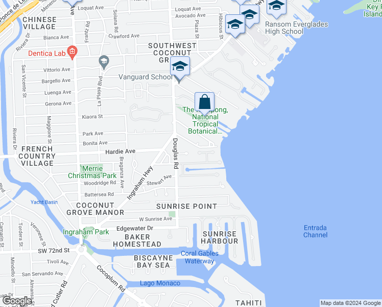 map of restaurants, bars, coffee shops, grocery stores, and more near 3650 Klebba Lane in Miami
