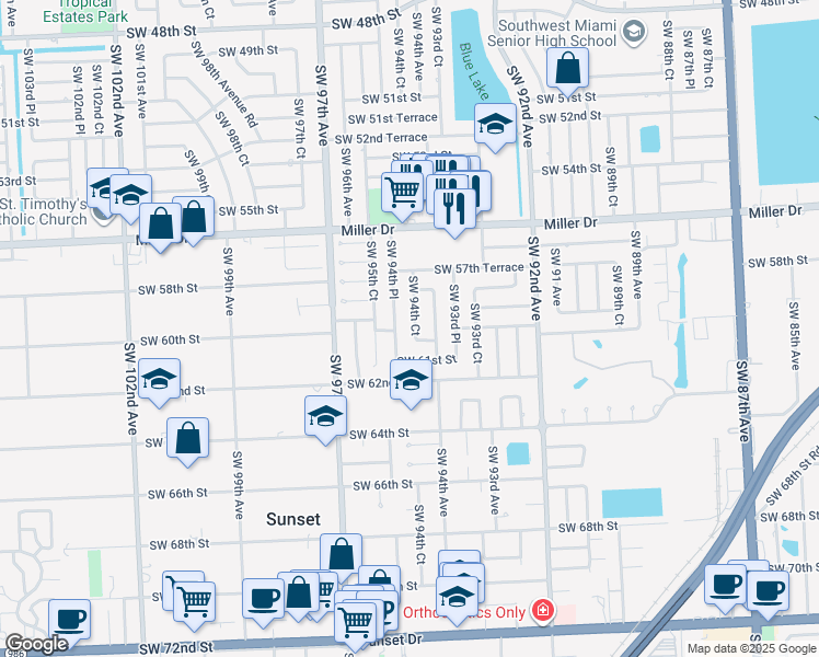map of restaurants, bars, coffee shops, grocery stores, and more near 5911 Southwest 94th Court in Miami