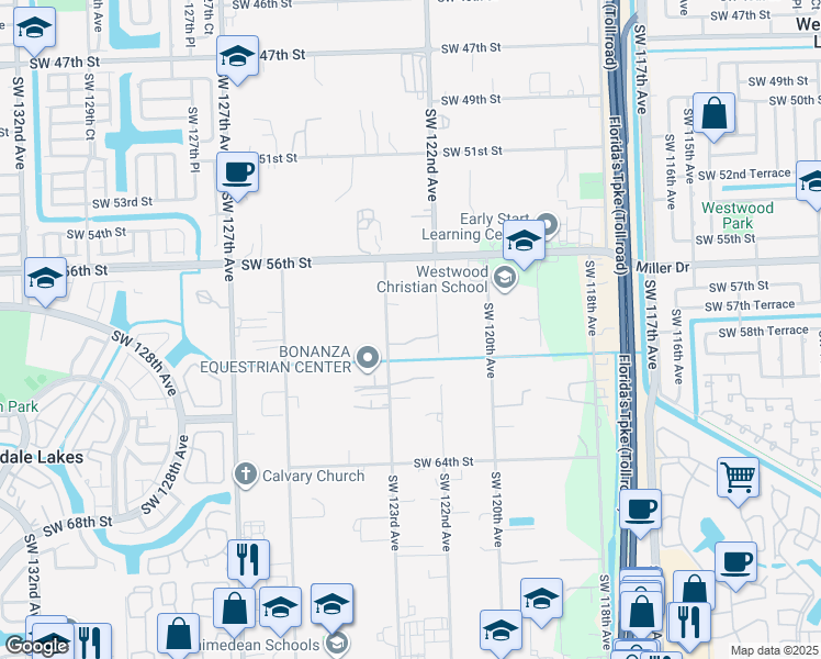 map of restaurants, bars, coffee shops, grocery stores, and more near 5775 Southwest 123rd Avenue in Miami
