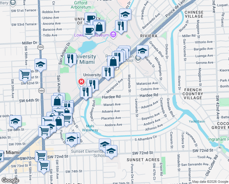 map of restaurants, bars, coffee shops, grocery stores, and more near 1127 Cotorro Avenue in Coral Gables