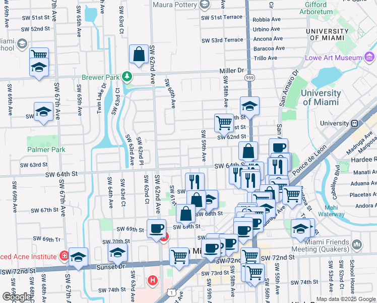 map of restaurants, bars, coffee shops, grocery stores, and more near 5928 Southwest 62nd Terrace in South Miami