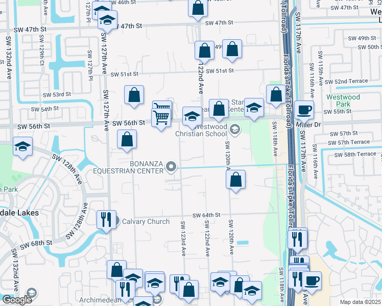 map of restaurants, bars, coffee shops, grocery stores, and more near 5775 Southwest 123rd Avenue in Miami