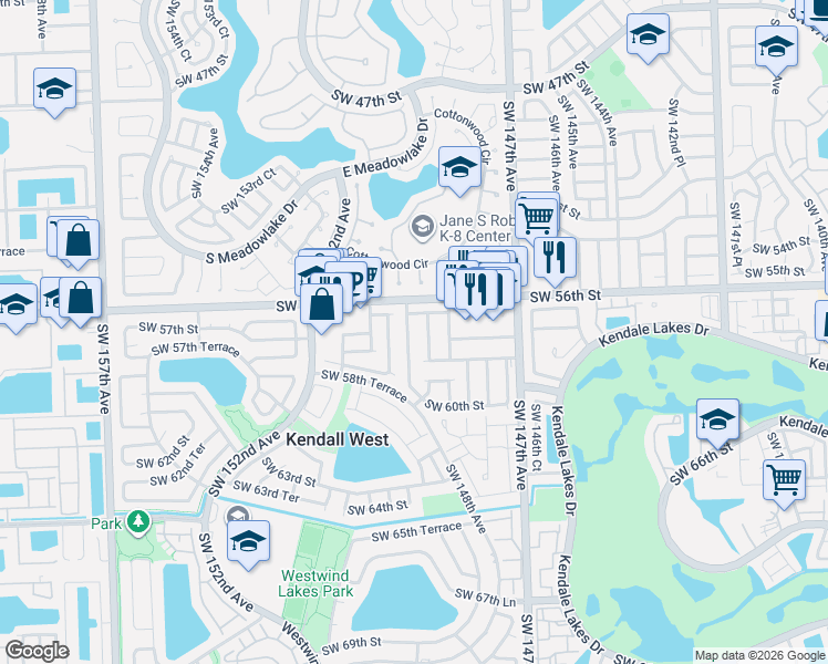map of restaurants, bars, coffee shops, grocery stores, and more near 14844 Southwest 56th Terrace in Miami