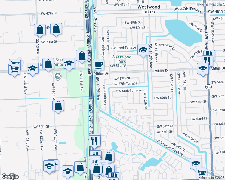 map of restaurants, bars, coffee shops, grocery stores, and more near 11485 Southwest 58th Terrace in Miami