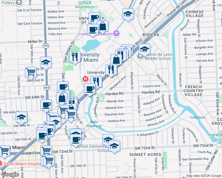 map of restaurants, bars, coffee shops, grocery stores, and more near 21 Madruga Avenue in Coral Gables
