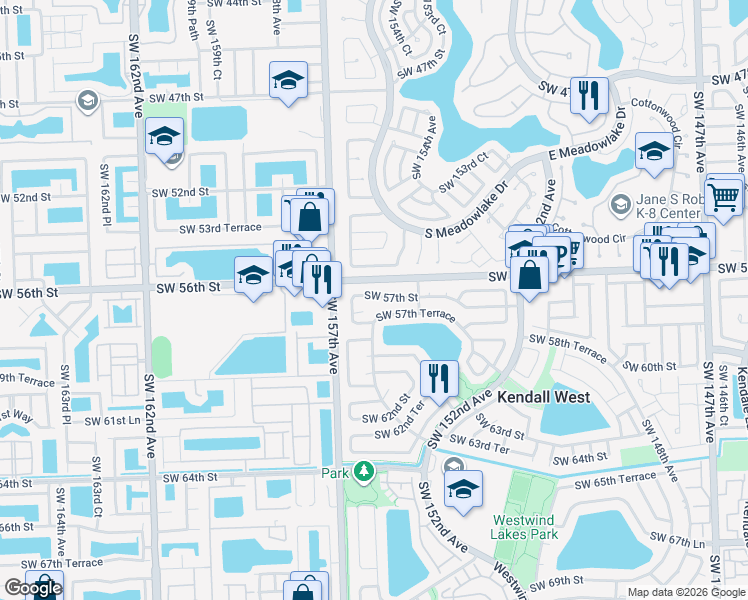 map of restaurants, bars, coffee shops, grocery stores, and more near 15535 Southwest 57th Street in Miami