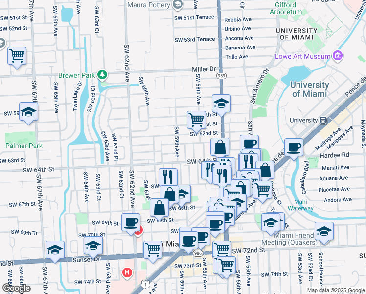 map of restaurants, bars, coffee shops, grocery stores, and more near 5875 Southwest 62nd Terrace in Miami