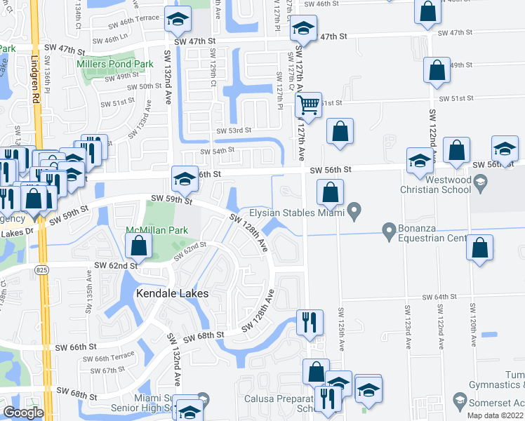 map of restaurants, bars, coffee shops, grocery stores, and more near 12815 Southwest 58th Lane in Miami