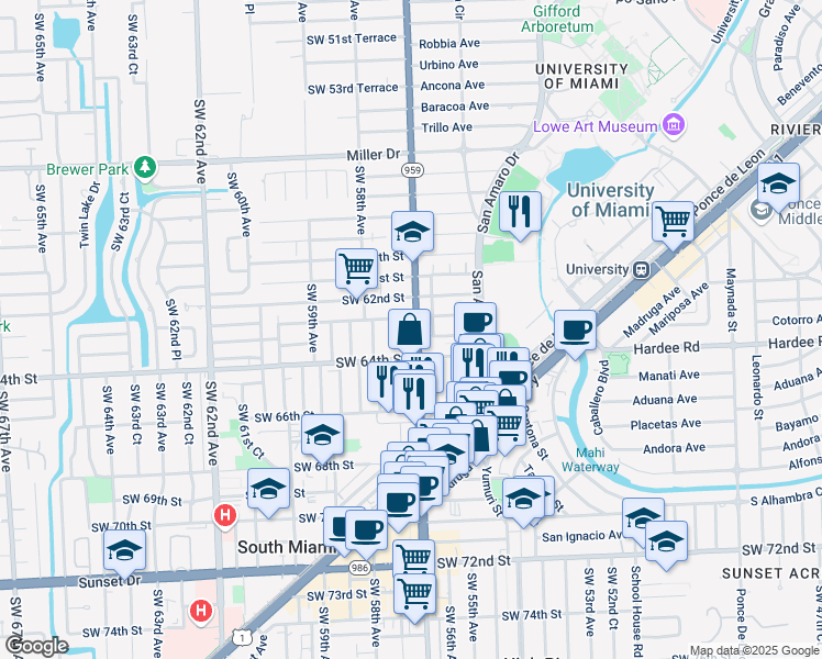 map of restaurants, bars, coffee shops, grocery stores, and more near 6250 Southwest 57th Avenue in Miami