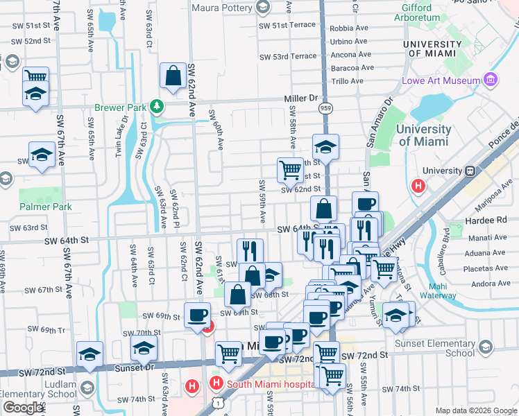 map of restaurants, bars, coffee shops, grocery stores, and more near 5900 Southwest 62nd Terrace in South Miami