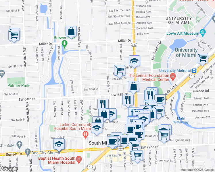 map of restaurants, bars, coffee shops, grocery stores, and more near 5900 Southwest 62nd Terrace in South Miami