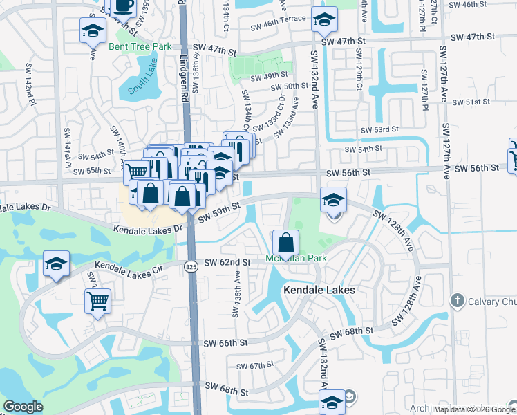 map of restaurants, bars, coffee shops, grocery stores, and more near 13359 Southwest 59th Terrace in Miami