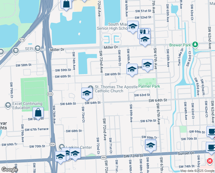 map of restaurants, bars, coffee shops, grocery stores, and more near 6141 Southwest 72nd Avenue in Miami