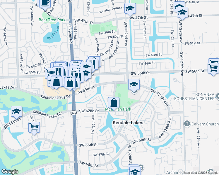 map of restaurants, bars, coffee shops, grocery stores, and more near 5909 Southwest 133rd Court in Miami