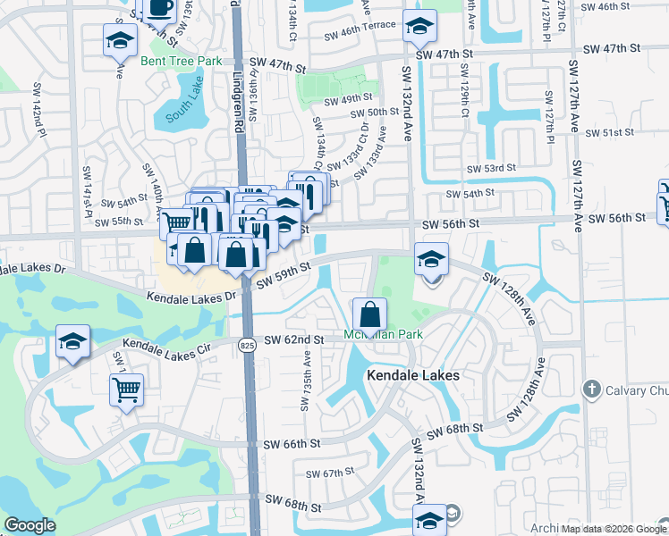map of restaurants, bars, coffee shops, grocery stores, and more near 13359 Southwest 59th Terrace in Miami