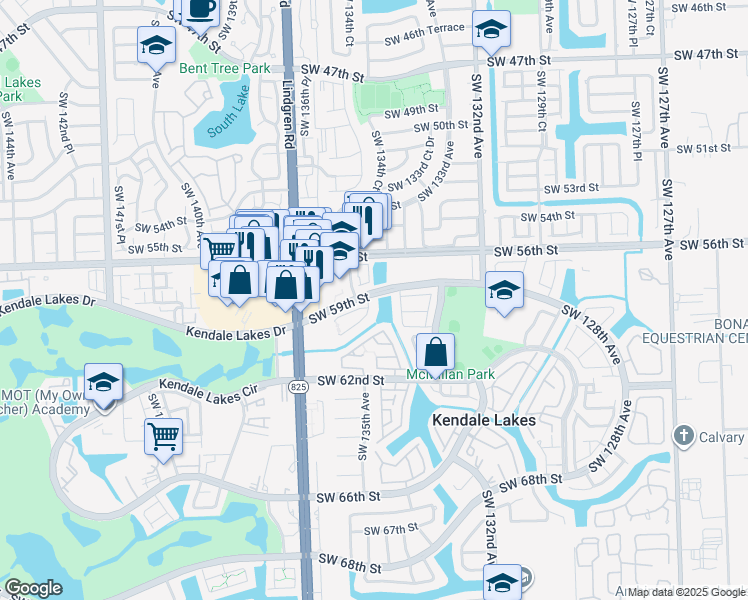 map of restaurants, bars, coffee shops, grocery stores, and more near 5905 Southwest 134th Place in Miami