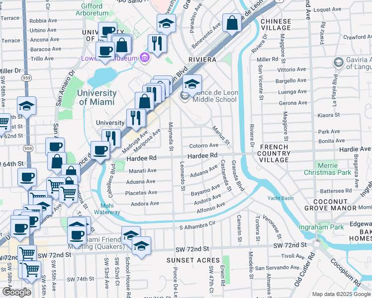 map of restaurants, bars, coffee shops, grocery stores, and more near 1032 Cotorro Ave in Coral Gables