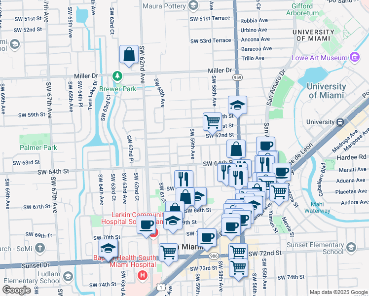 map of restaurants, bars, coffee shops, grocery stores, and more near 5928 Southwest 62nd Terrace in South Miami