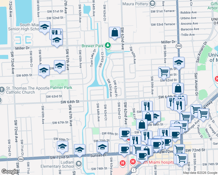 map of restaurants, bars, coffee shops, grocery stores, and more near 6200 Southwest 63rd Avenue in South Miami