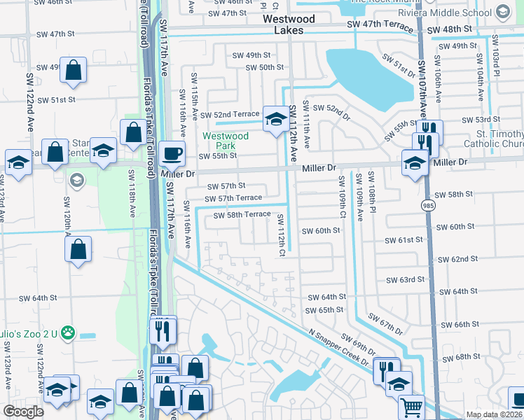 map of restaurants, bars, coffee shops, grocery stores, and more near 11331 Southwest 58th Terrace in Miami